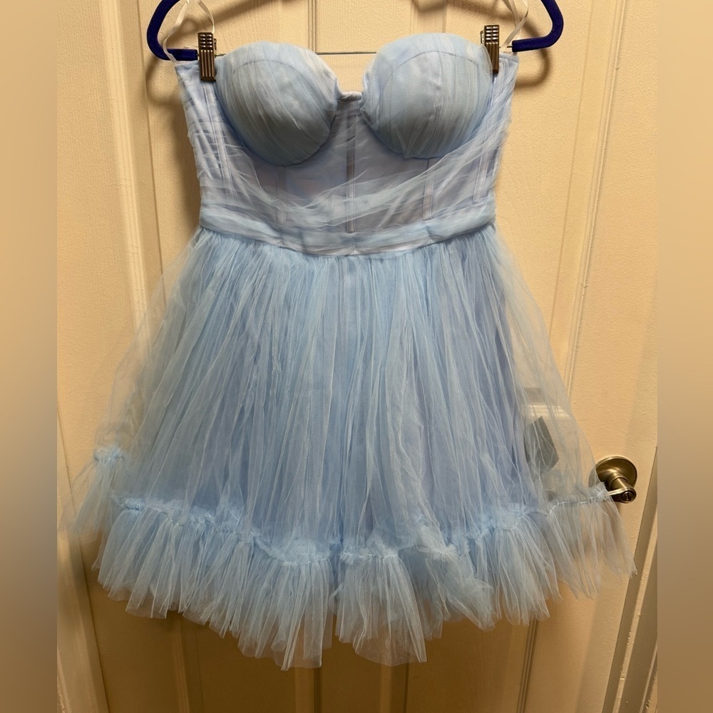 Lulus Lovely Flirtation Light Blue Tulle Strapless Bustier Mini Dress size L - Picture 2 of 11